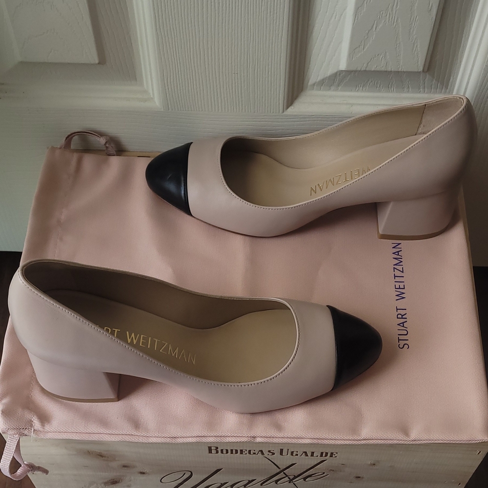 Stuart Weitzman Women's Black and Cream Cap-Toe Heels - Picture 4 of 12